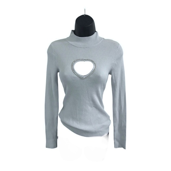 Guess Mia blue ice air heart shaped cz bust cutout mockneck sweater size medium - Picture 7 of 11